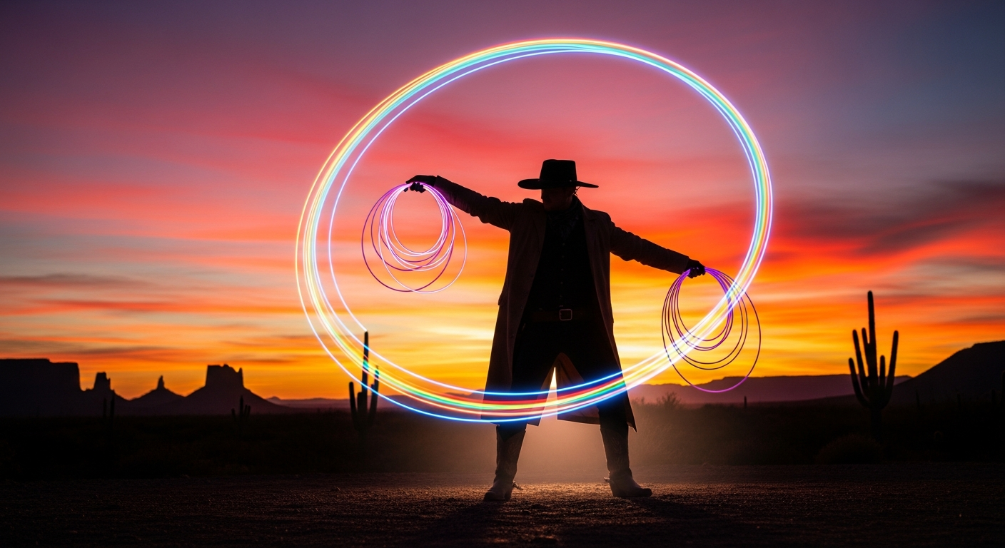 Sheriff with Rainbow Lasso at Sunset